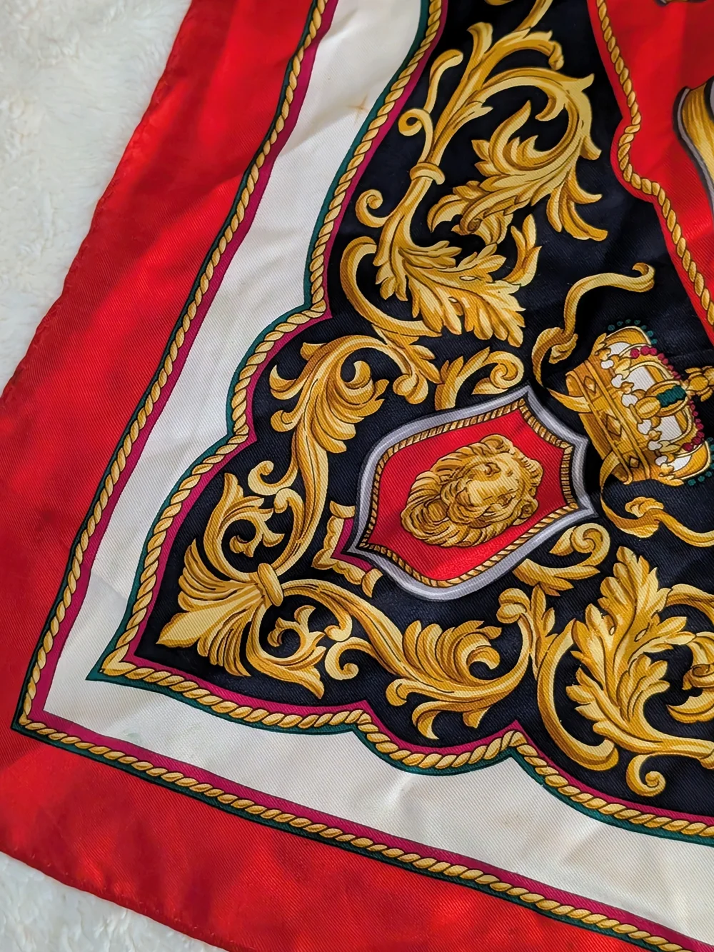 Vintage Japanese Silk Scarf Baroque Lion Medallion Red Gold 30x31